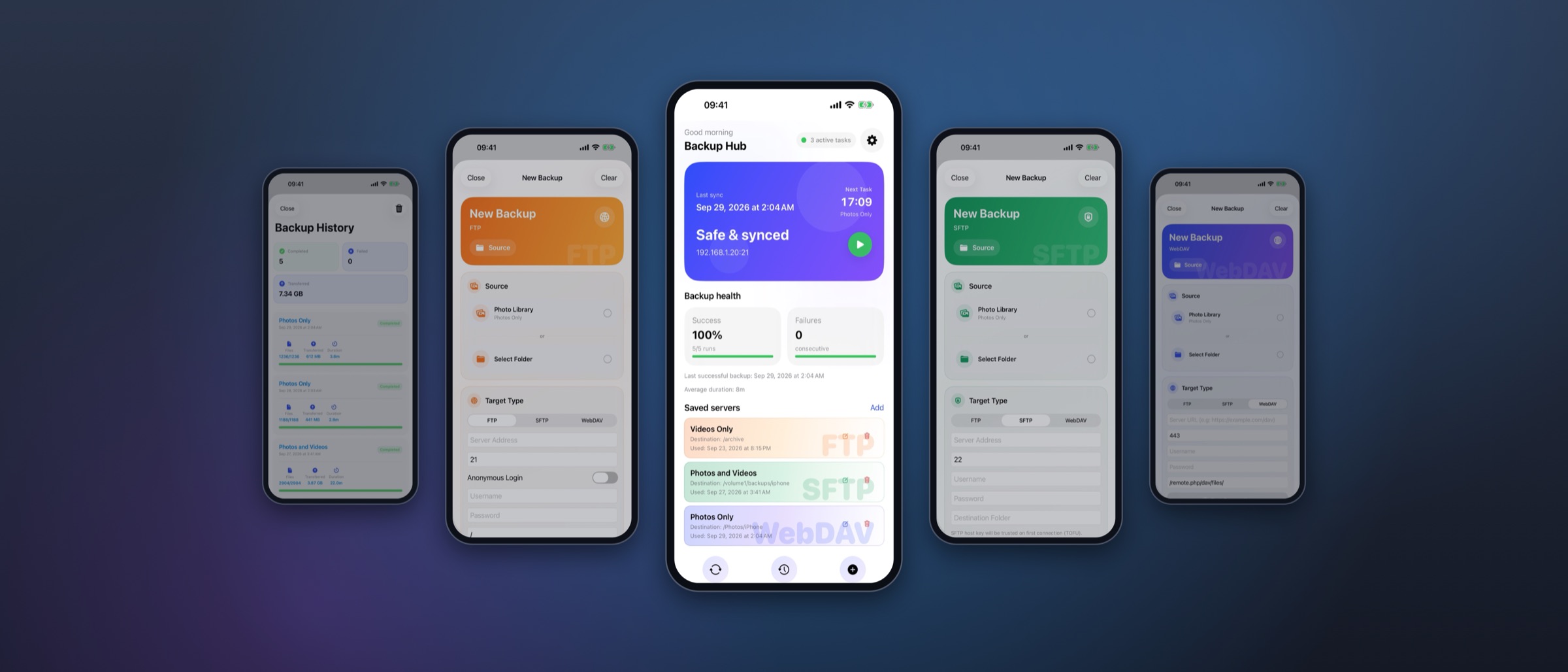 BackupFlow app screens: dashboard, FTP, SFTP and WebDAV backups, backup history