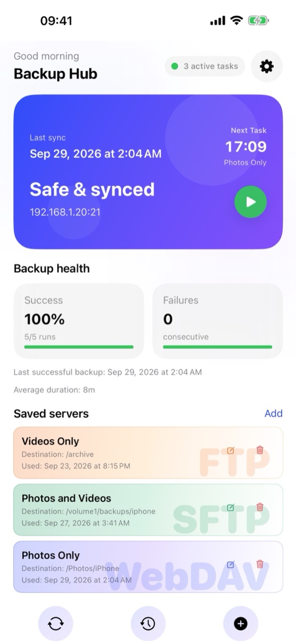 BackupFlow dashboard with backup health and saved servers