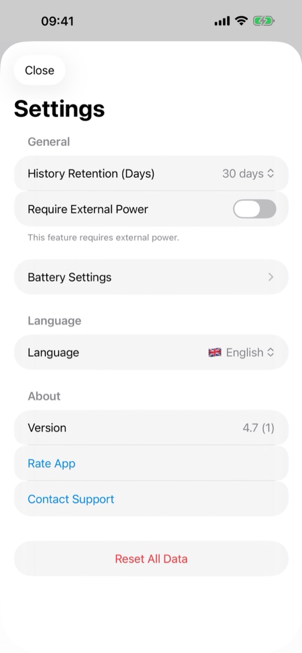 Settings screen