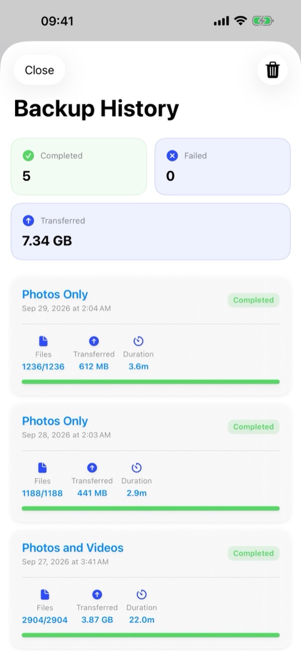Backup history with transfer statistics