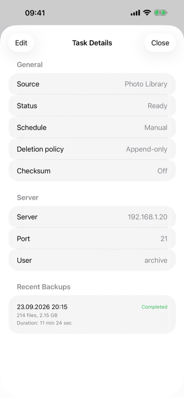 Task details with server and schedule information