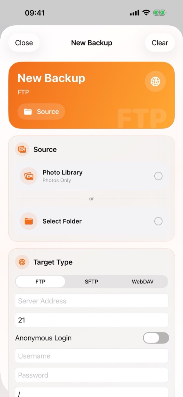 Creating a new FTP backup task